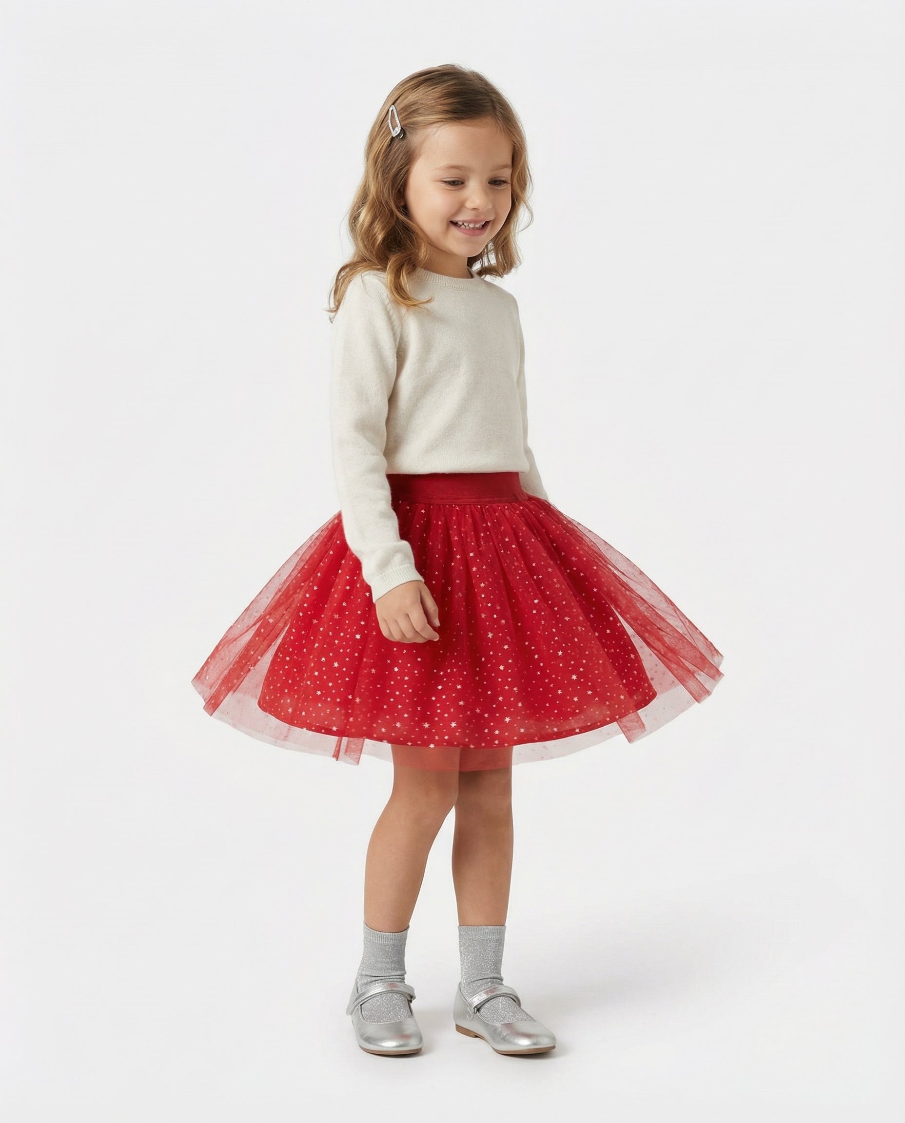 Yıldız Desenli Tüllü Özel Dikim Kırmızı Kız Çocuğu Eteği - Pamuk Astarlı