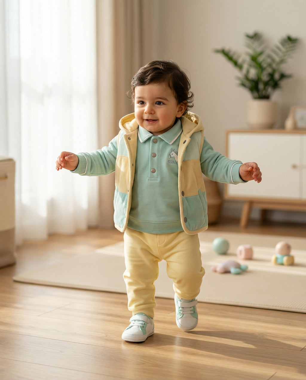 Crystal Baby İnce Fitilli Kadife Kapüşonlu Yelek - Hay Yellow