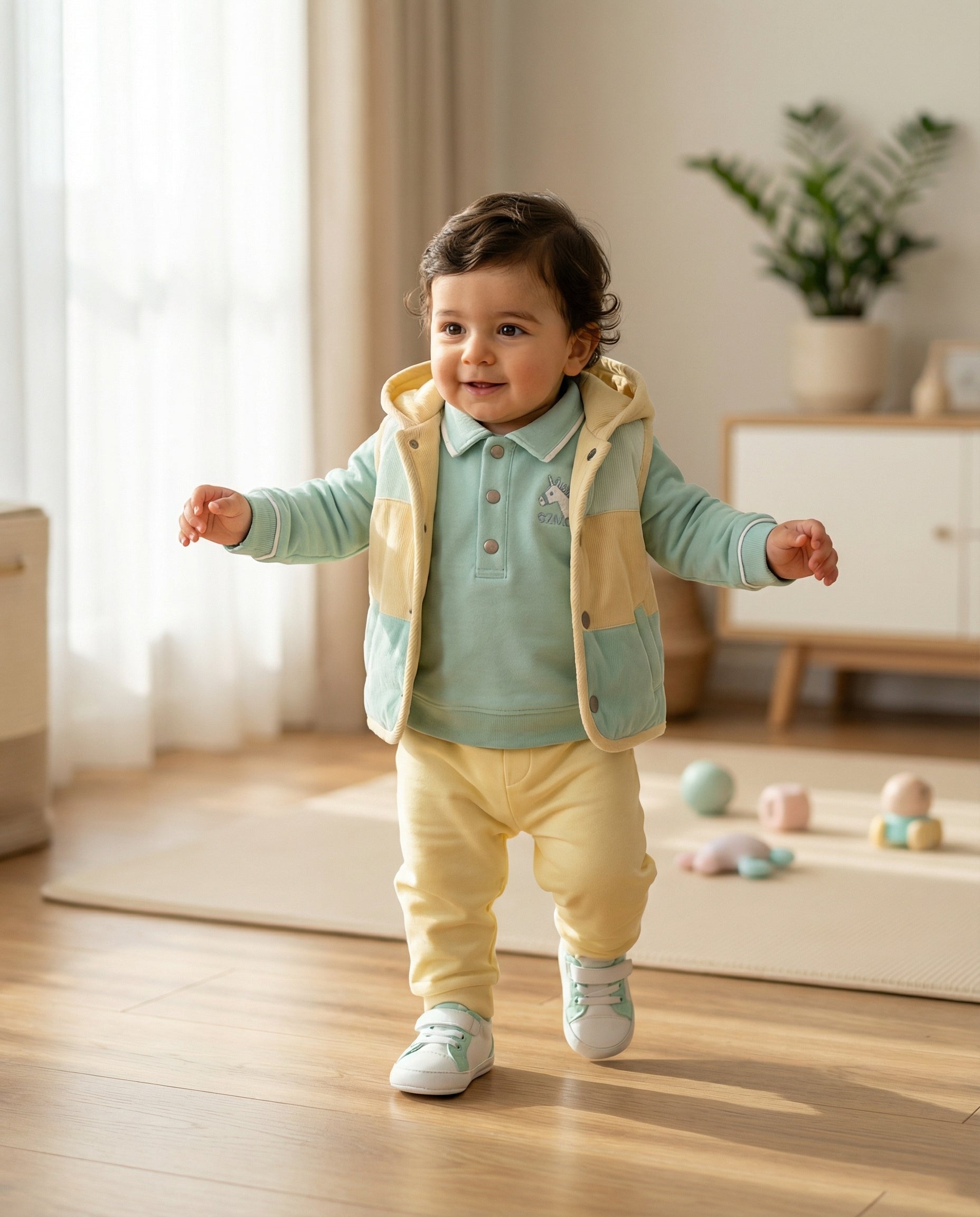 Crystal Baby İnce Fitilli Kadife Kapüşonlu Yelek - Hay Yellow