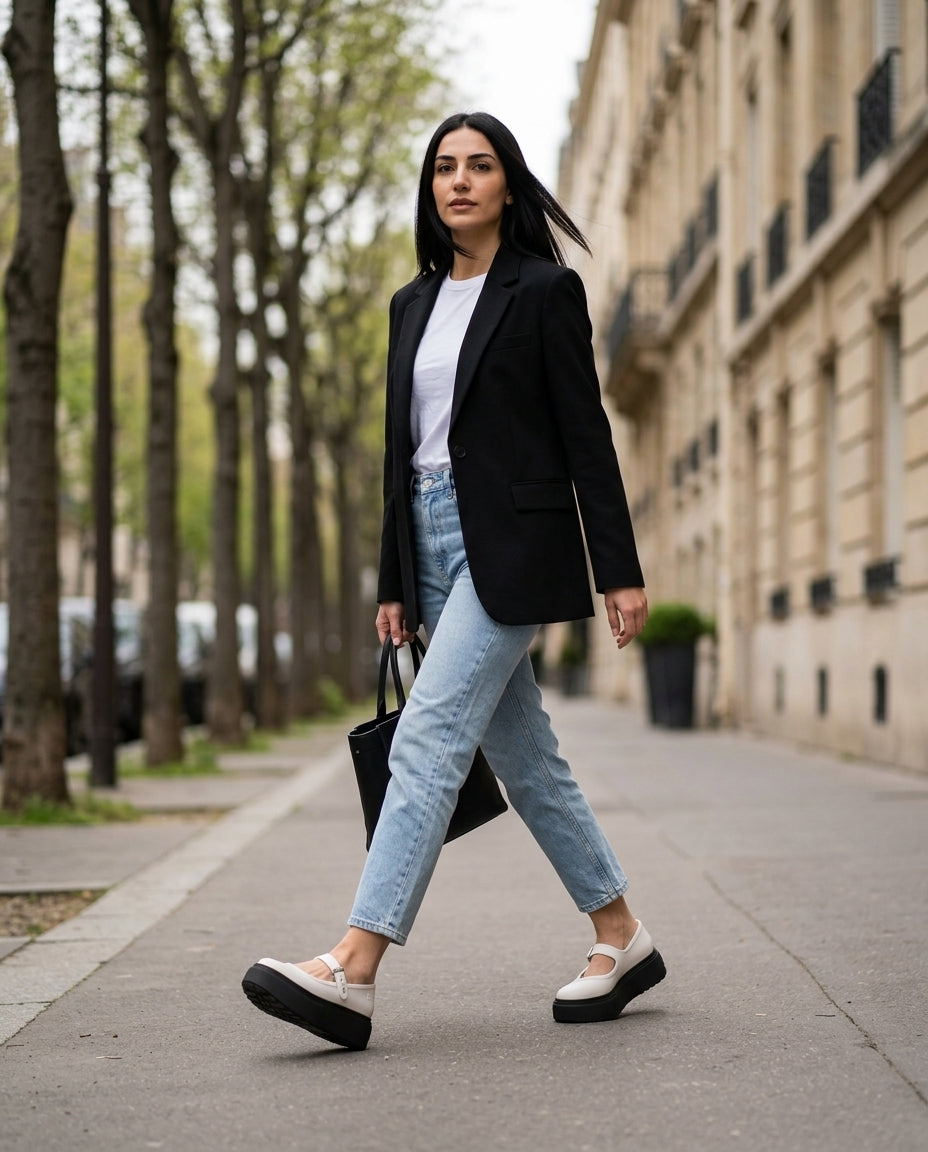 Melissa Platform beyaz ayakkabı sokak stili - jean ve siyah blazer ile platform Mary Jane kadın yürüyüş