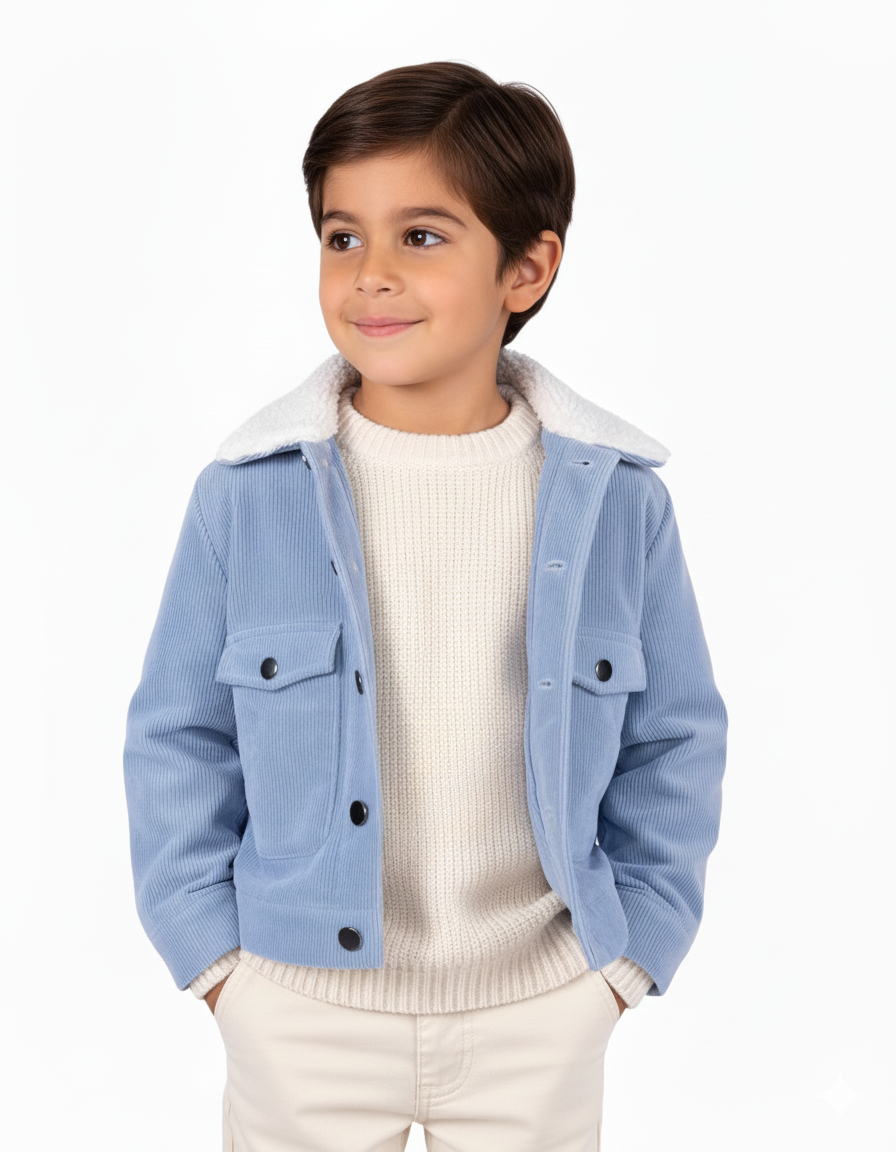 Fitilli Kadife Açık Mavi Erkek Çocuk Ceket | Peluş Yaka Kışlık Spor Model