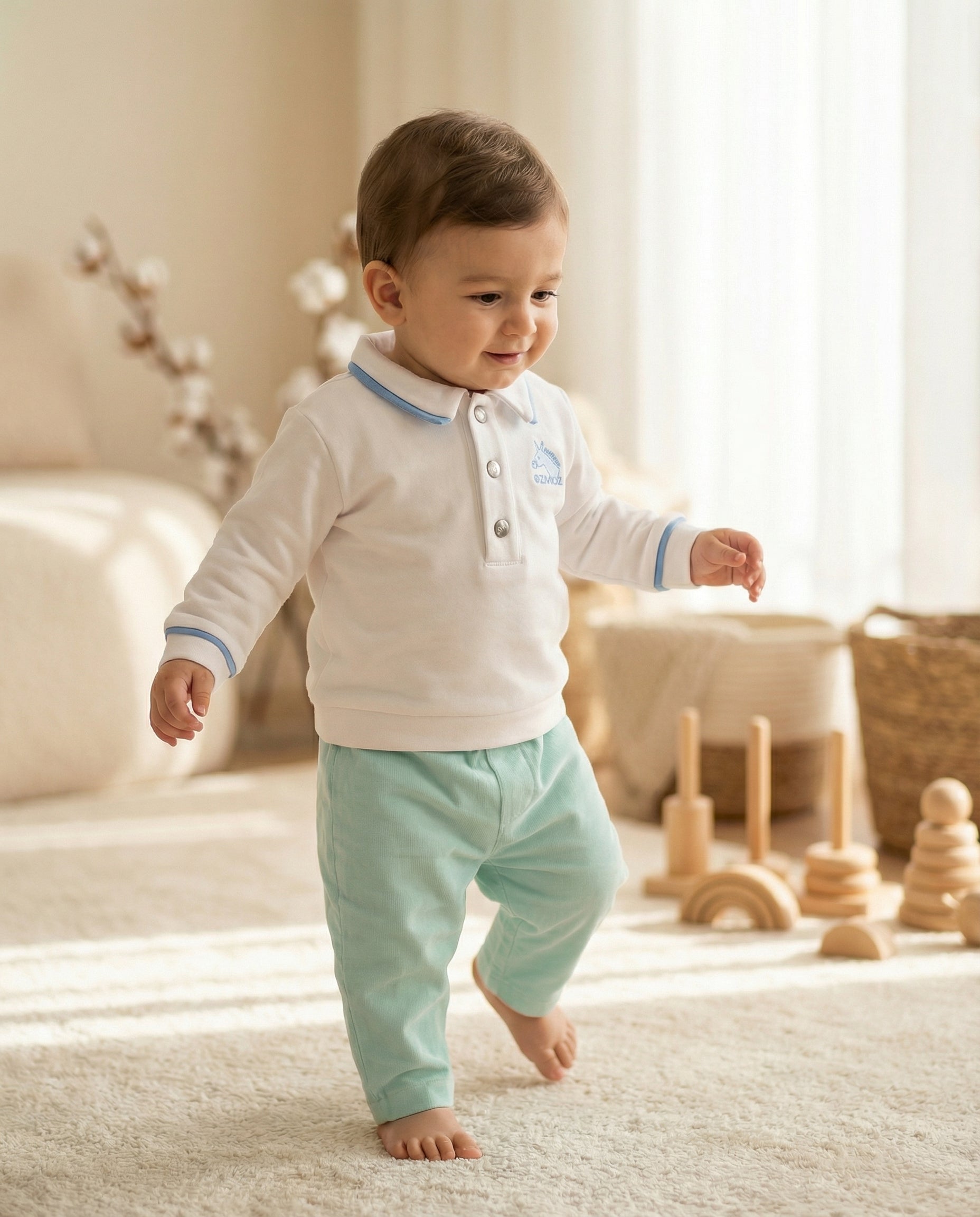 Crystal Baby Organik Pamuk  Polo Yaka Uzun Kollu Üst – Saf Beyaz