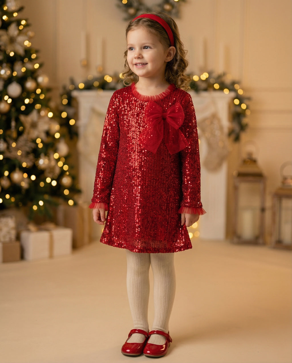 Soft Shine Özel Dikim Kız Çocuk Kırmızı Pul Payet Elbise