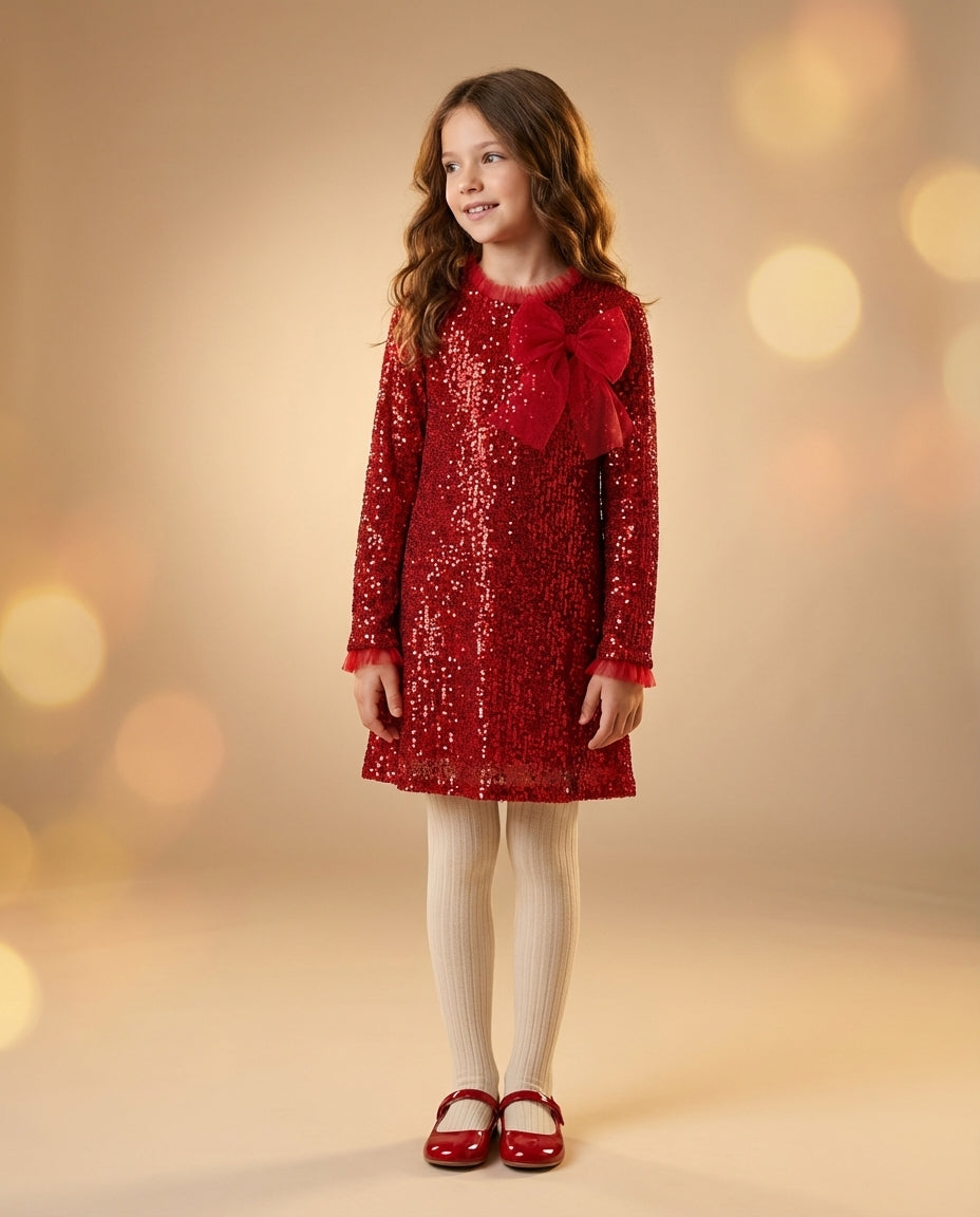Soft Shine Özel Dikim Kız Çocuk Kırmızı Pul Payet Elbise