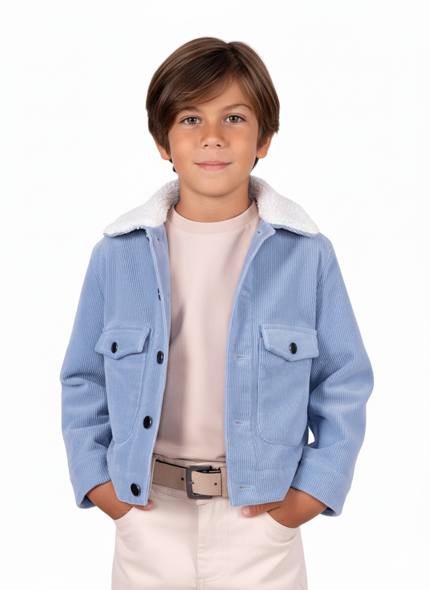 Fitilli Kadife Açık Mavi Erkek Çocuk Ceket | Peluş Yaka Kışlık Spor Model
