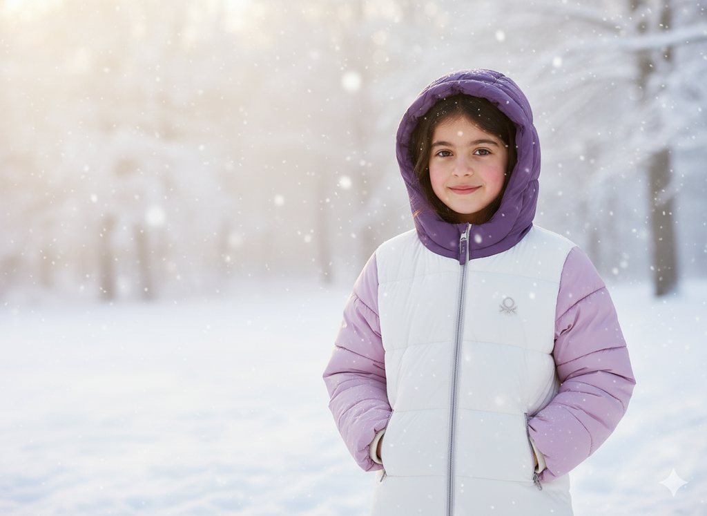 Benetton Kız Çocuk Ekru-Lila Sol Göğsü Logo İşlemeli Cepli Kapüşonlu Yüksek Yaka Mont