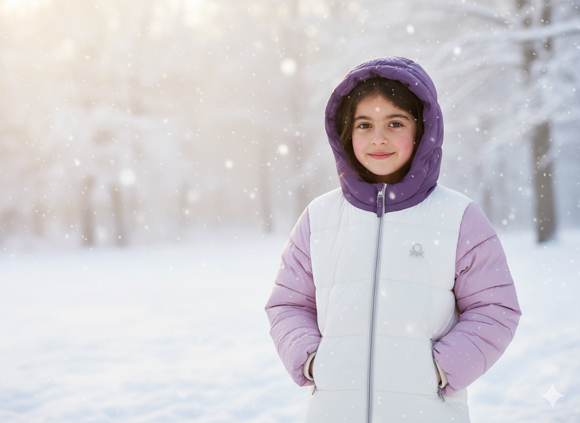 Benetton Kız Çocuk Ekru-Lila Sol Göğsü Logo İşlemeli Cepli Kapüşonlu Yüksek Yaka Mont
