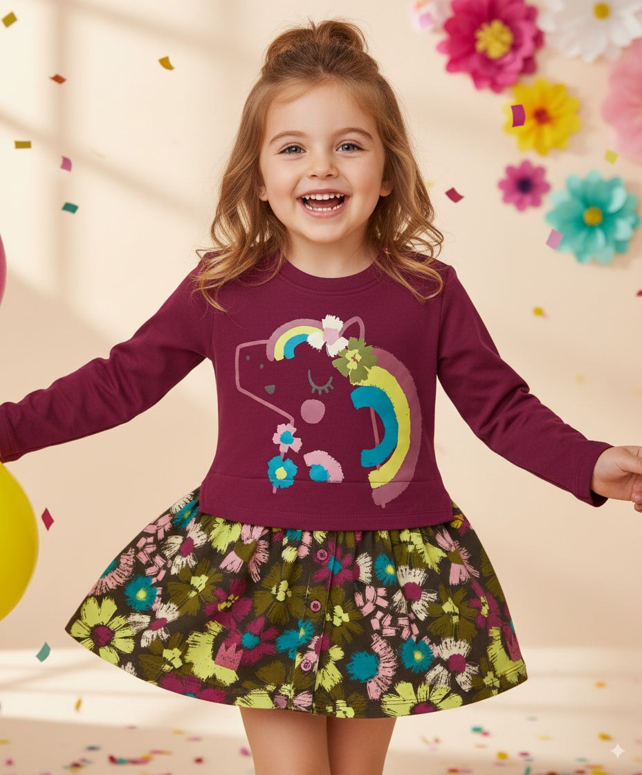 Tuc Tuc Kız Çocuk Bordo Sweatshirt Elbise – Unicorn Baskılı & Çiçek Desenli Etek