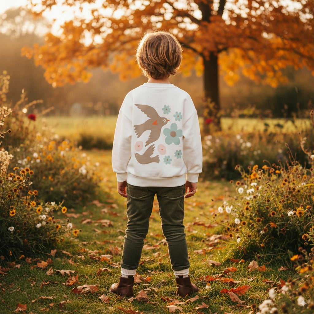 Kuş ve çiçek desenli organik pamuk çocuk sweatshirt – Le Jardin