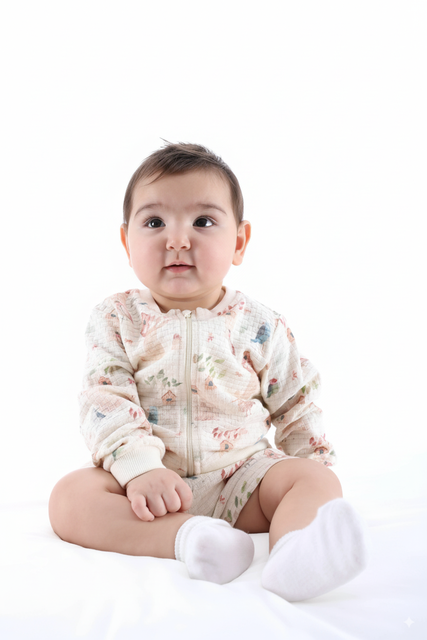 Organik Pamuk Kuş Desenli Fermuarlı Kız Bebek Ceket