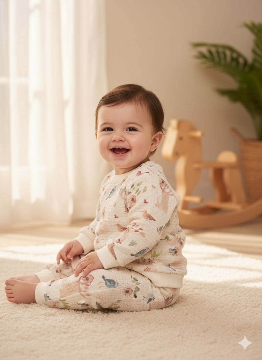 Organik Pamuk Kuş Desenli Bebek Sweatshirt – Özel Sepet Örgü Kumaş