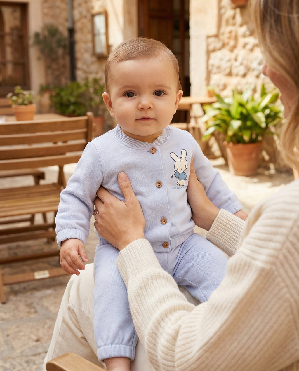 Benetton Bebek Toz Mavi Baskılı Bomber Yakalı Üst Ve Beli Lastikli Eşofman Takım