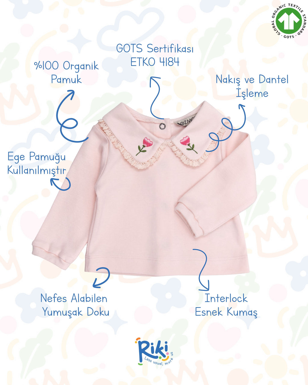 Crystal Baby Organik Pamuk Nakışlı Dantelli Bebek Üst – Açık Pembe