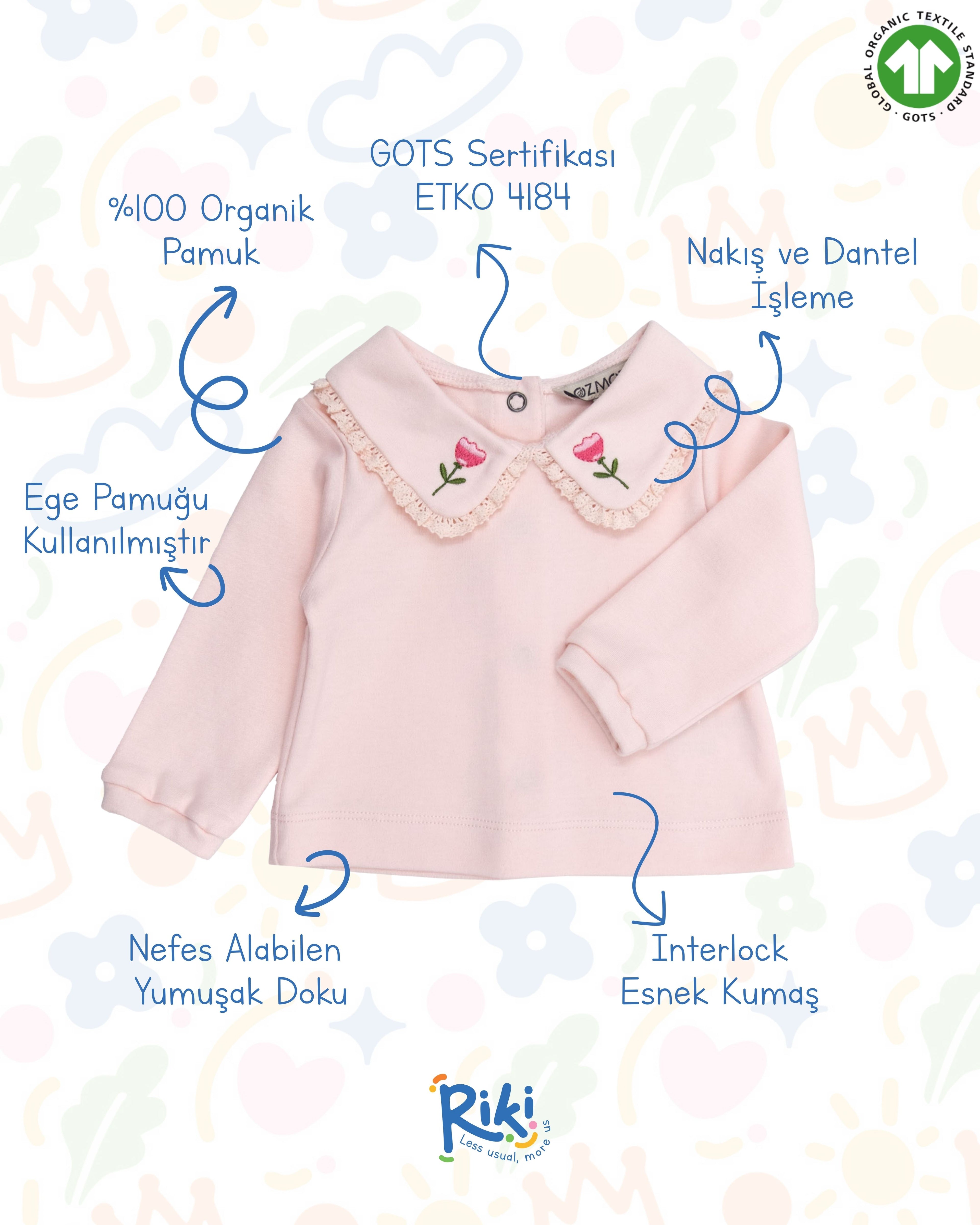 Crystal Baby Organik Pamuk Nakışlı Dantelli Bebek Üst – Açık Pembe