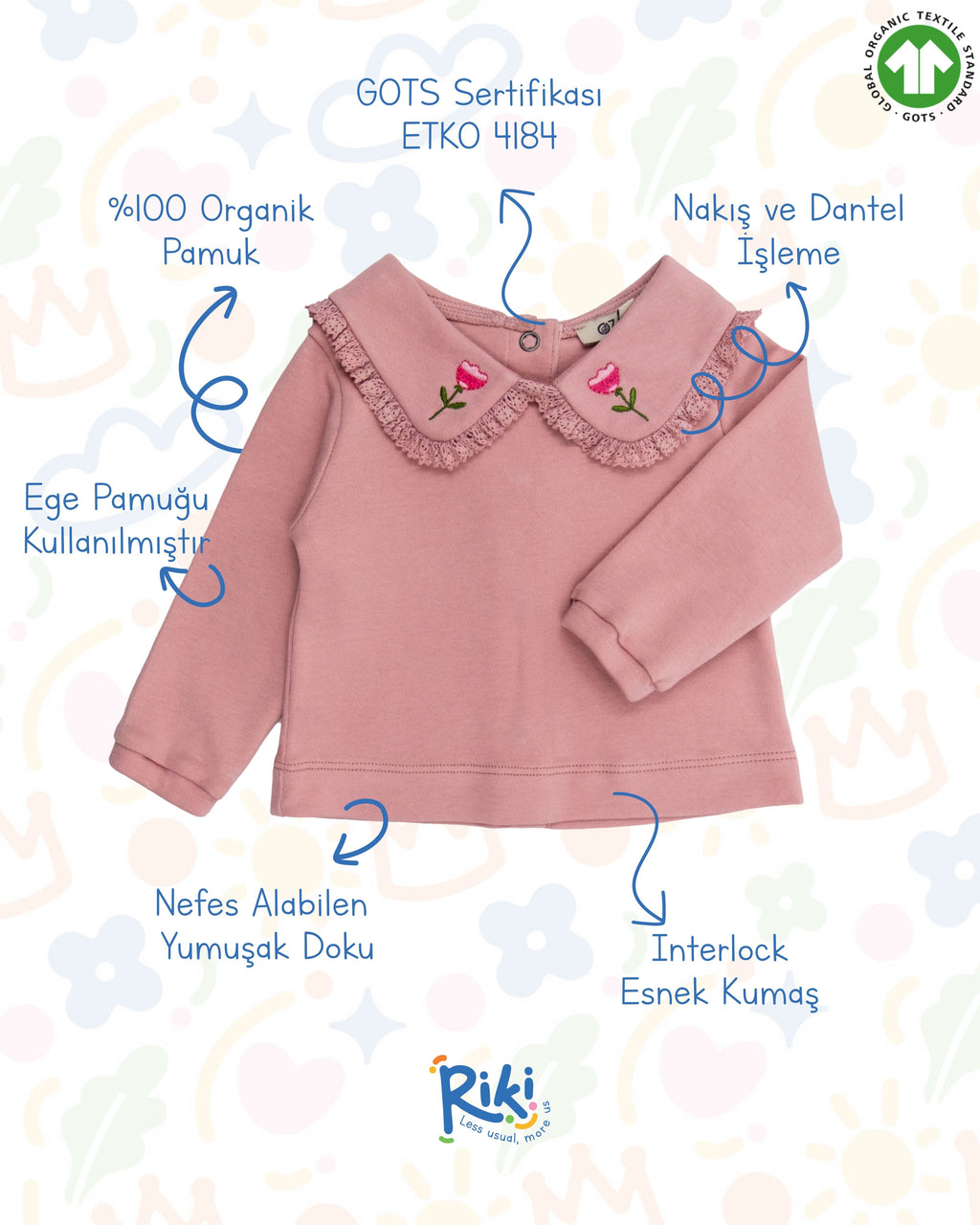 Crystal Baby Organik Nakışlı Dantelli Bebek Üst – Gül Kurusu