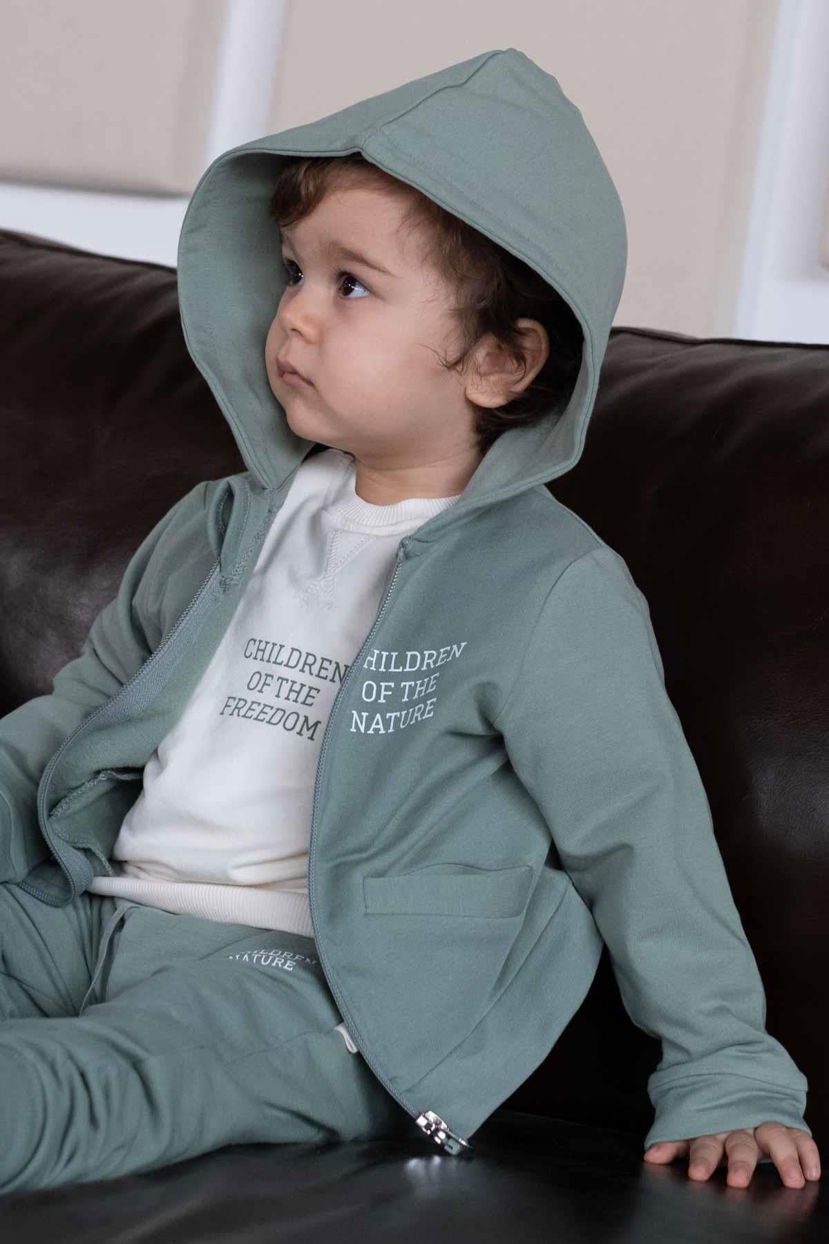 Kapüşonlu Bebek Ceket Yeşil Organik Pamuk - Riki Baby&Kids