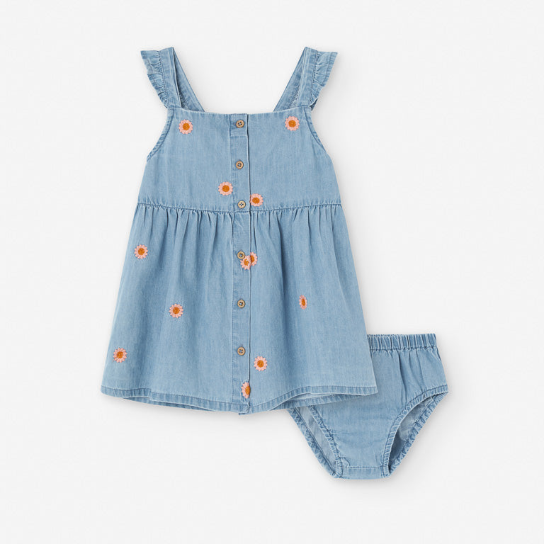 Losan Çiçek İşlemeli Önü Düğmeli Külotlu Denim Elbise