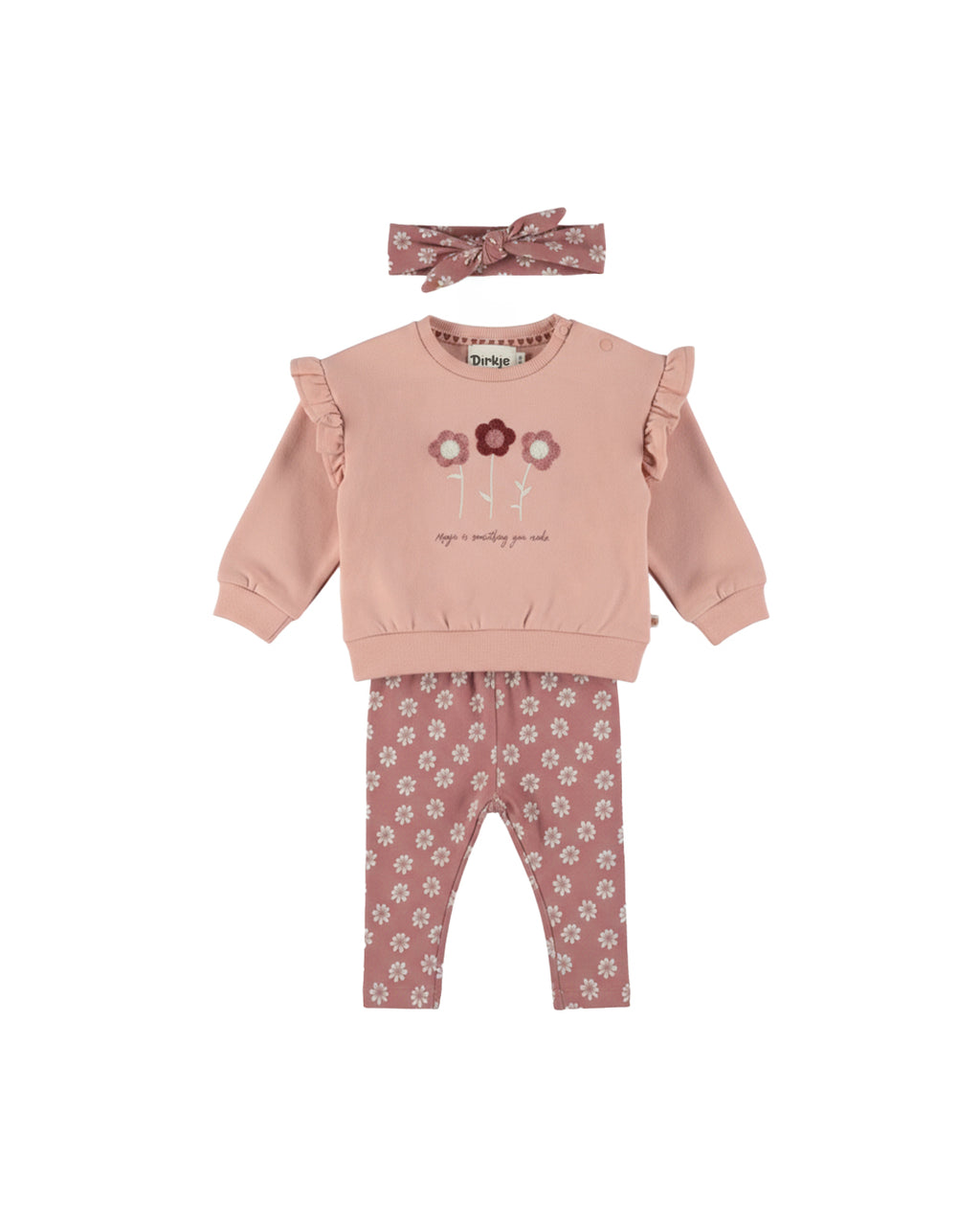 Dirkje Kız Çocuk Çiçek Nakışlı Sweatshirt, Papatya Desenli Tayt ve Saç Bandı Takımı - Pudra Pembe (2 Yaş - 6 Yaş)