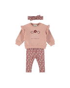 Dirkje Kız Çocuk Çiçek Nakışlı Sweatshirt, Papatya Desenli Tayt ve Saç Bandı Takımı - Pudra Pembe (2 Yaş - 6 Yaş)