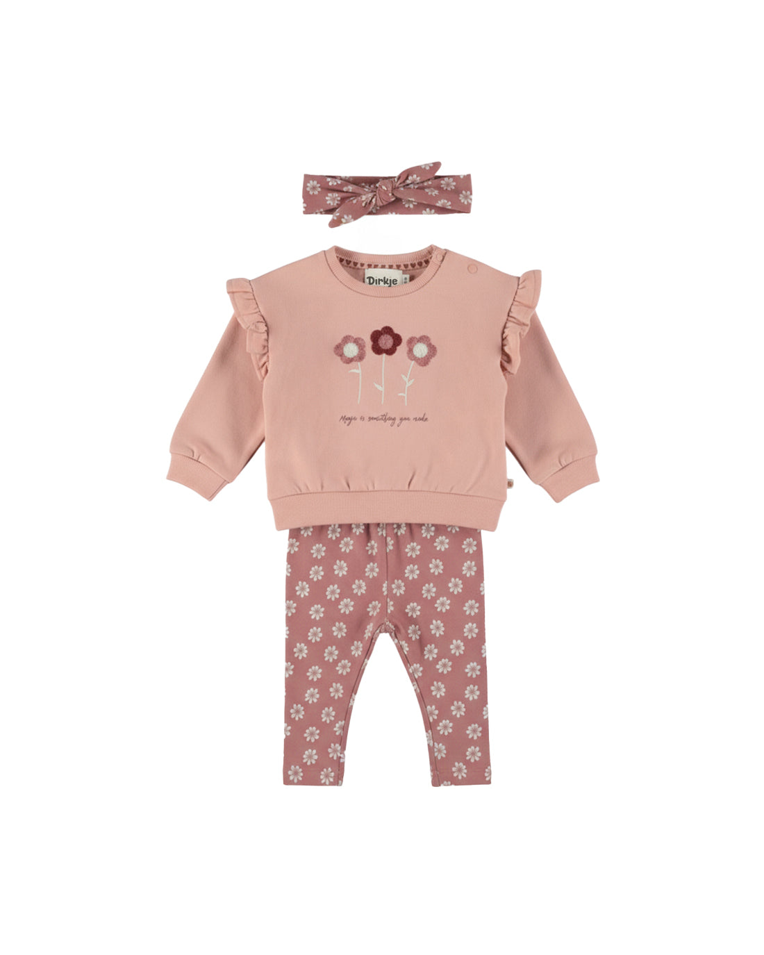 Dirkje Kız Çocuk Çiçek Nakışlı Sweatshirt, Papatya Desenli Tayt ve Saç Bandı Takımı - Pudra Pembe (2 Yaş - 6 Yaş)