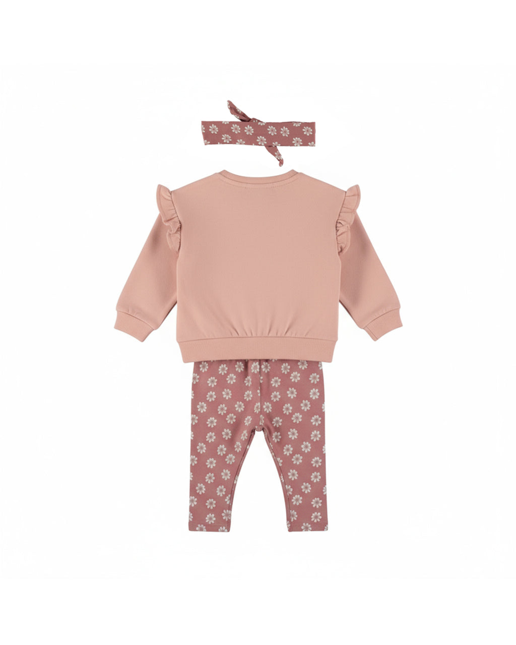 Dirkje Kız Çocuk Çiçek Nakışlı Sweatshirt, Papatya Desenli Tayt ve Saç Bandı Takımı - Pudra Pembe - arka görünüm