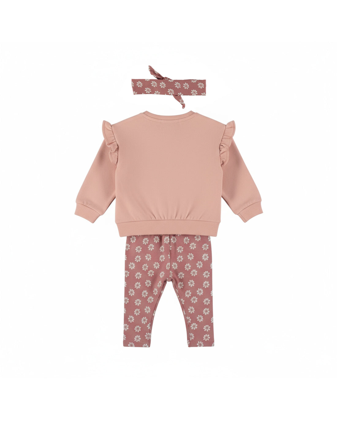 Dirkje Kız Çocuk Çiçek Nakışlı Sweatshirt, Papatya Desenli Tayt ve Saç Bandı Takımı - Pudra Pembe - arka görünüm