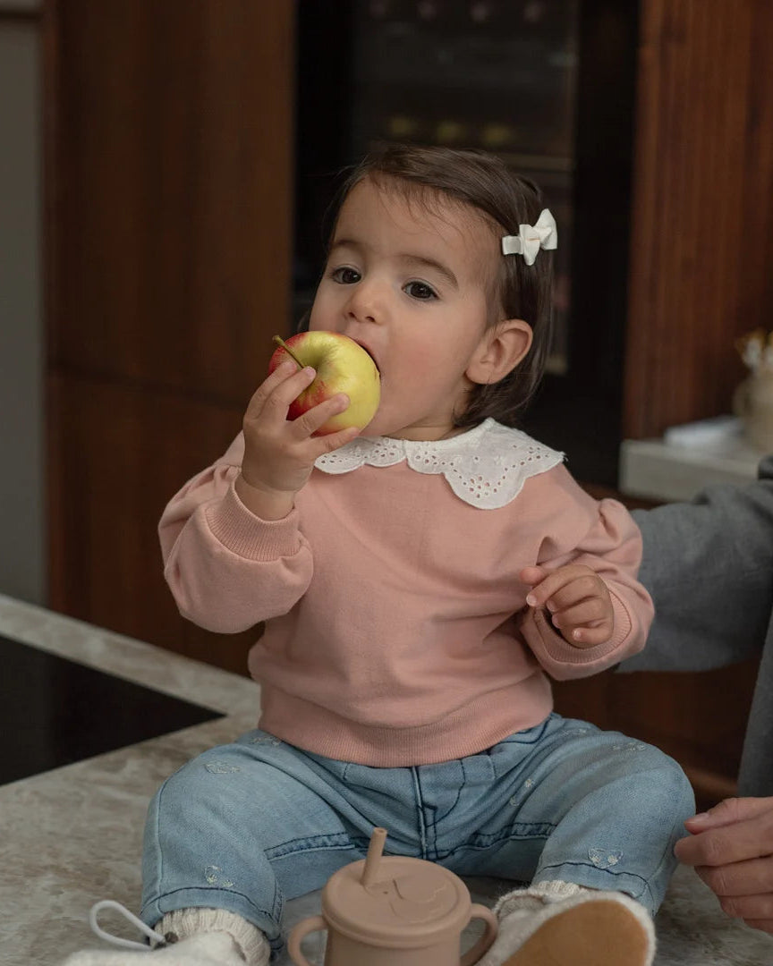 Dirkje pudra pembe sweatshirt bebeğin üzerinde önden; kırık beyaz broderie bebe yaka ve balon kollar net görünüyor.
