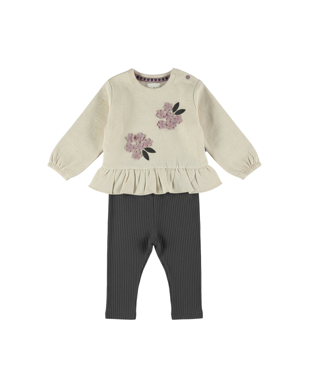 Dirkje Kız Bebek & Çocuk 3D Çiçek Aplikeli Peplum Sweatshirt ve Fitilli Tayt Takımı - Krem Antrasit (6 Ay - 6 Yaş)