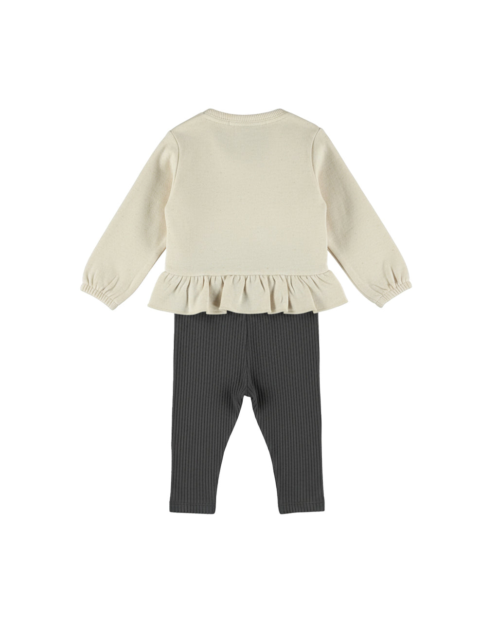 Dirkje Kız Bebek & Çocuk 3D Çiçek Aplikeli Peplum Sweatshirt ve Fitilli Tayt Takımı - Krem Antrasit - arka görünüm