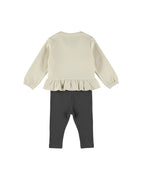 Dirkje Kız Bebek & Çocuk 3D Çiçek Aplikeli Peplum Sweatshirt ve Fitilli Tayt Takımı - Krem Antrasit - arka görünüm