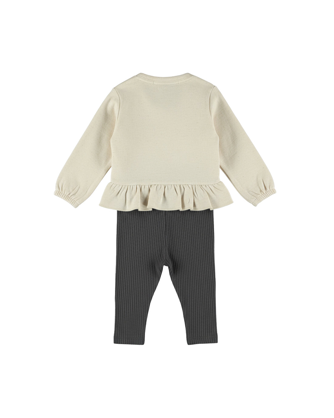 Dirkje Kız Bebek & Çocuk 3D Çiçek Aplikeli Peplum Sweatshirt ve Fitilli Tayt Takımı - Krem Antrasit - arka görünüm