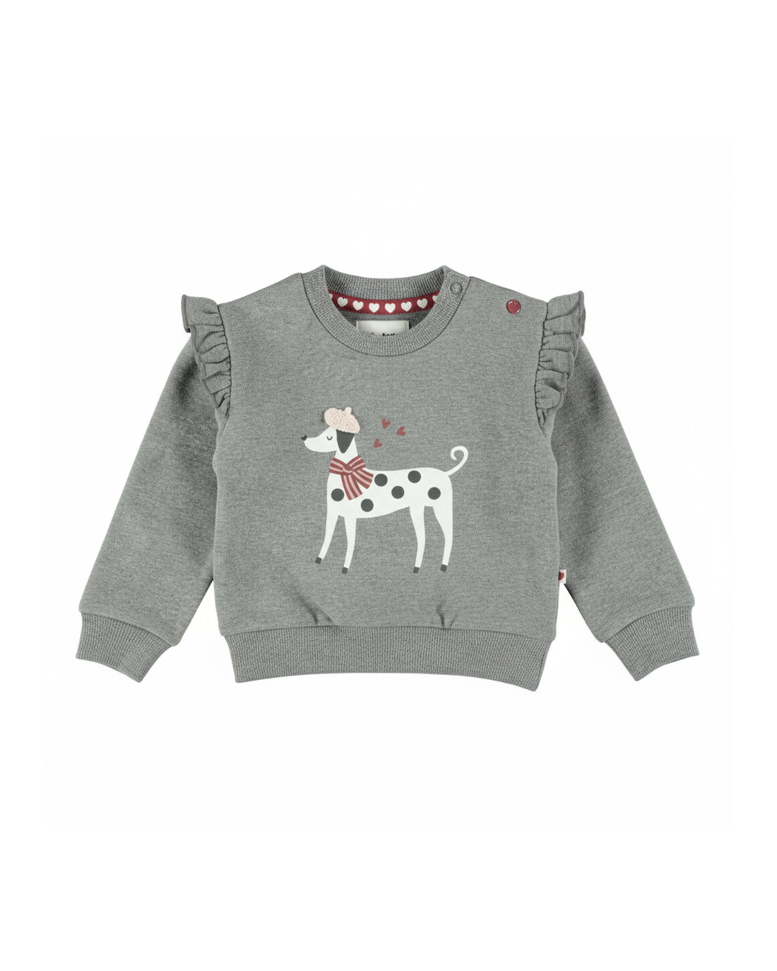 Dirkje Kız Bebek & Çocuk Bereli Köpek Baskılı Omuz Fırfırlı Sweatshirt - Gri Melanj (6 Ay - 6 Yaş)