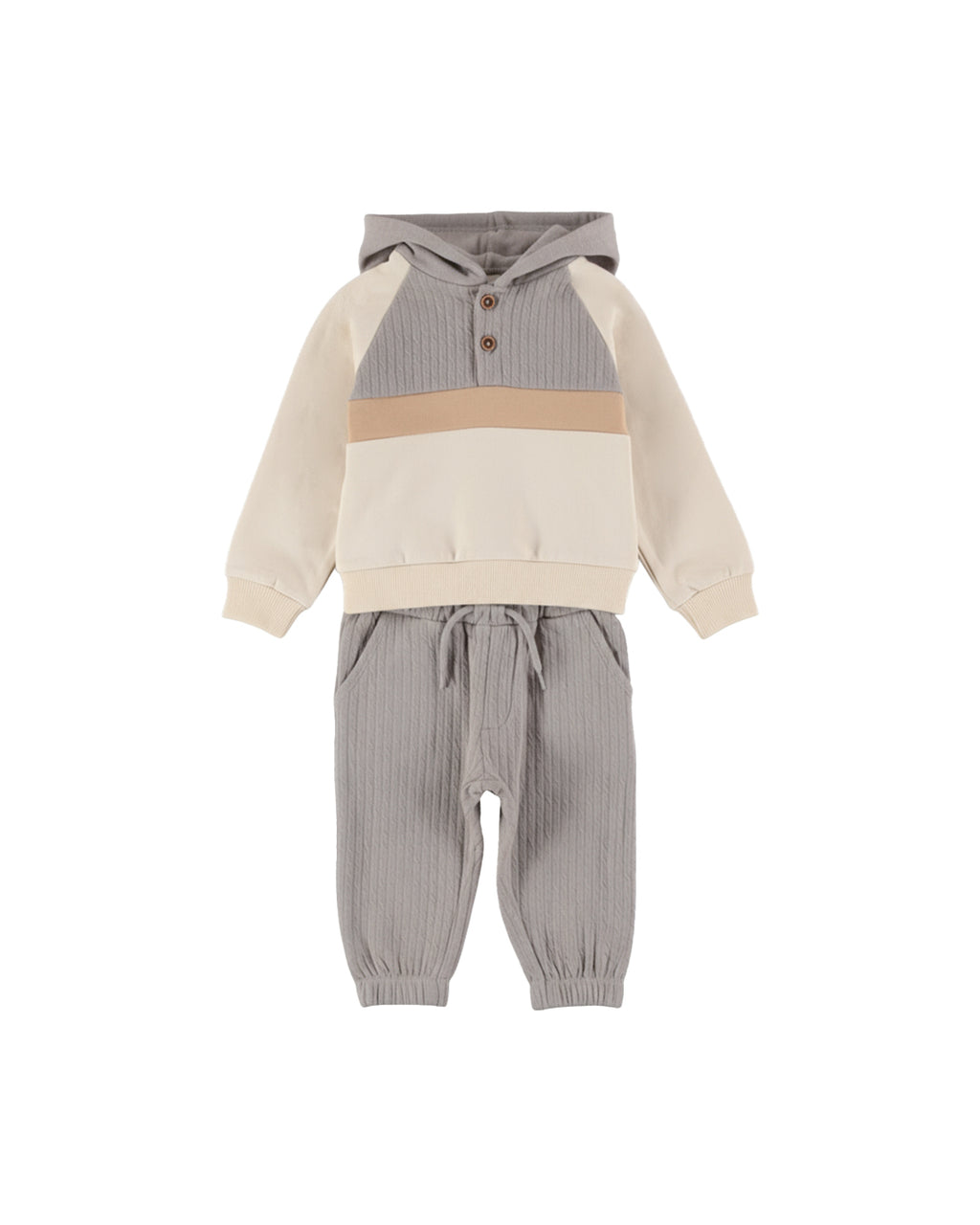 Dirkje Erkek Çocuk Örgü Dokulu Kapüşonlu Sweatshirt ve Eşofman Altı Takımı - Gri Krem (2 Yaş - 6 Yaş)