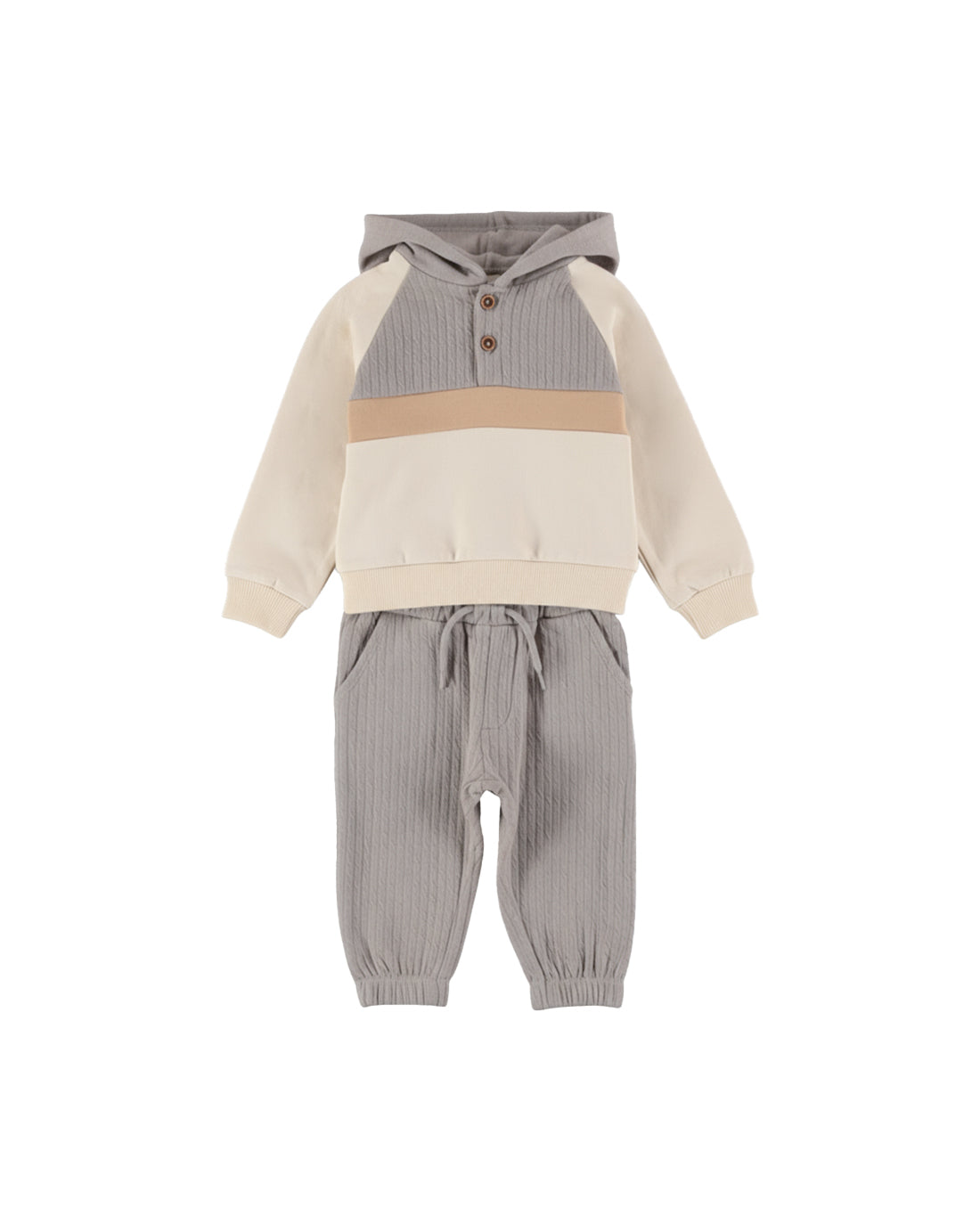 Dirkje Erkek Çocuk Örgü Dokulu Kapüşonlu Sweatshirt ve Eşofman Altı Takımı - Gri Krem (2 Yaş - 6 Yaş)