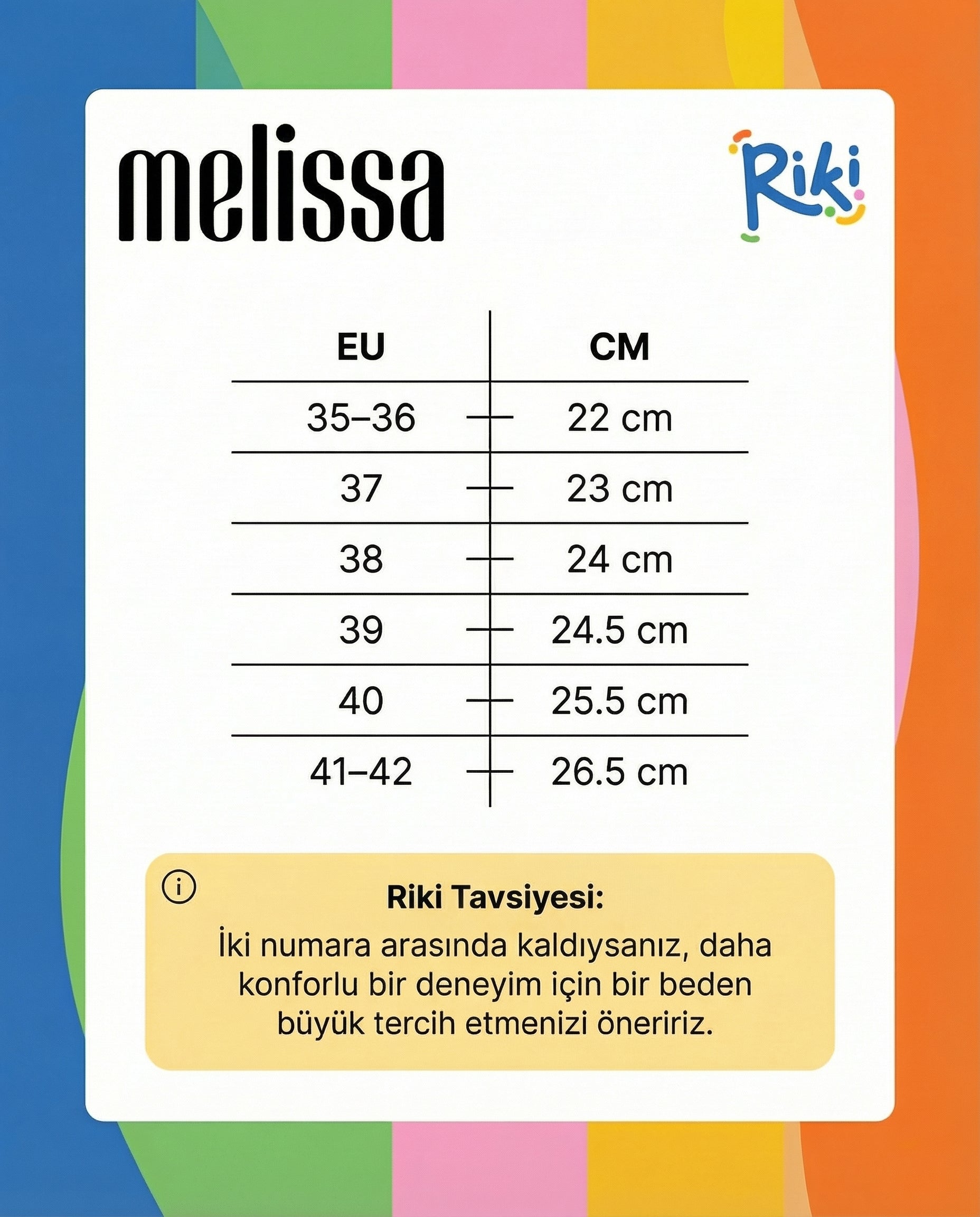 Melissa kadın sandalet beden tablosu - EU ve cm ölçüleri