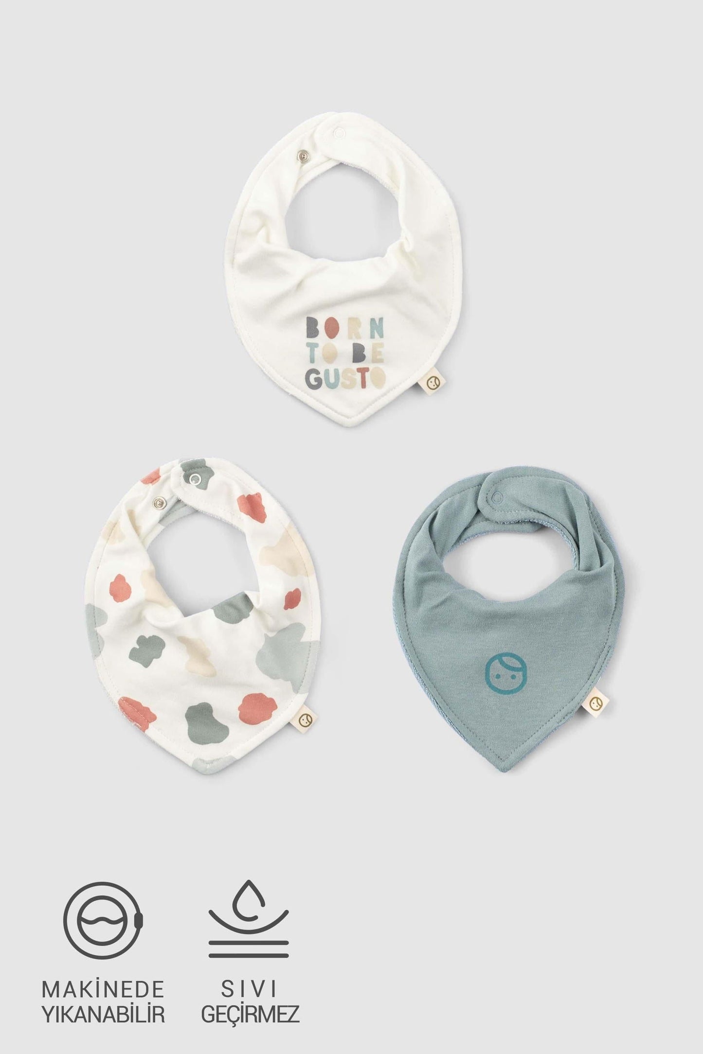 3'lü Sıvı Geçirmez Organik Pamuk Bandana Önlük Seti Born to be Gusto - Riki Baby&Kids