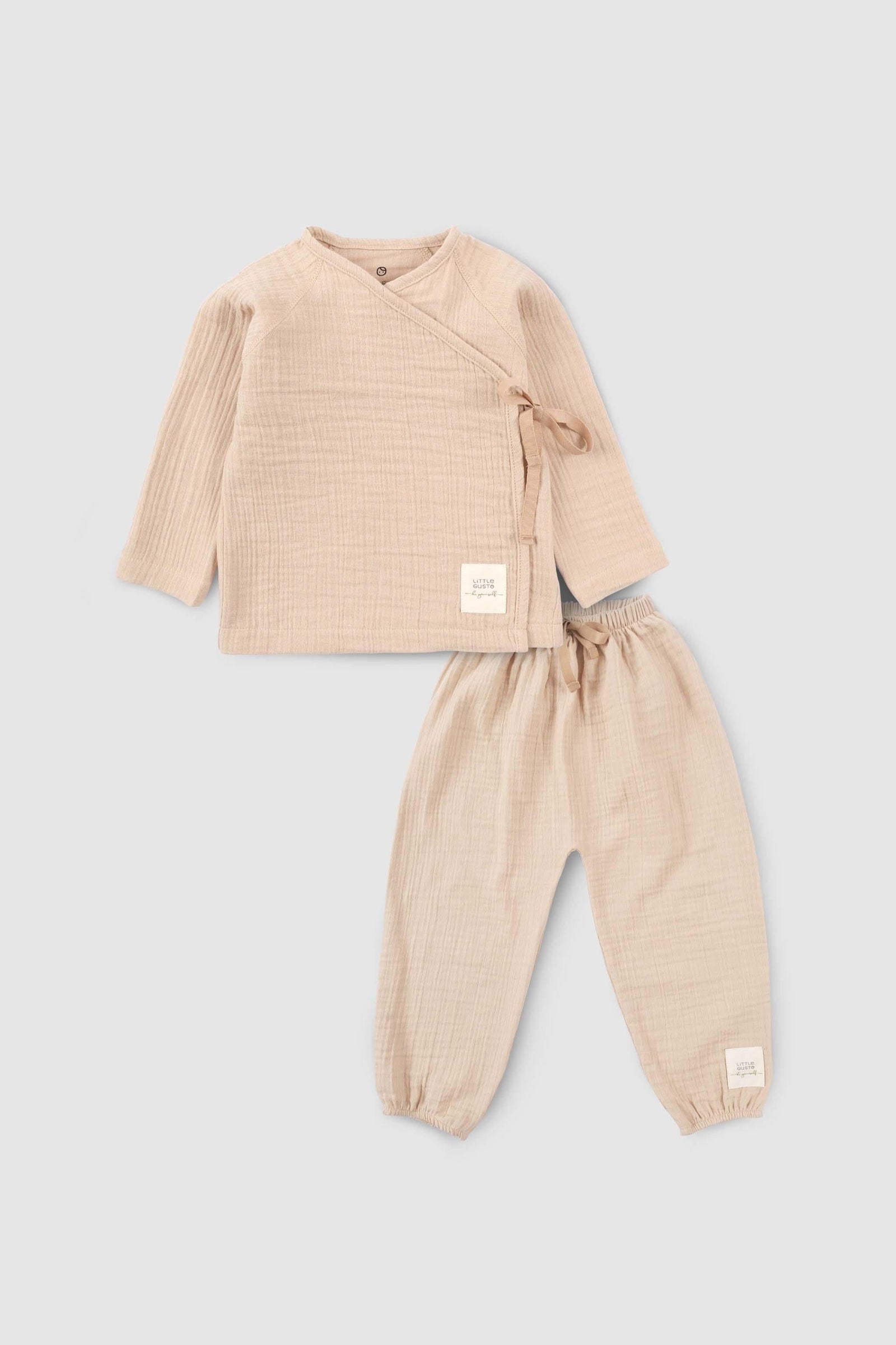 Organik Pamuk Müslin Kruvaze Bebek Takımı Bej - Riki Baby&Kids