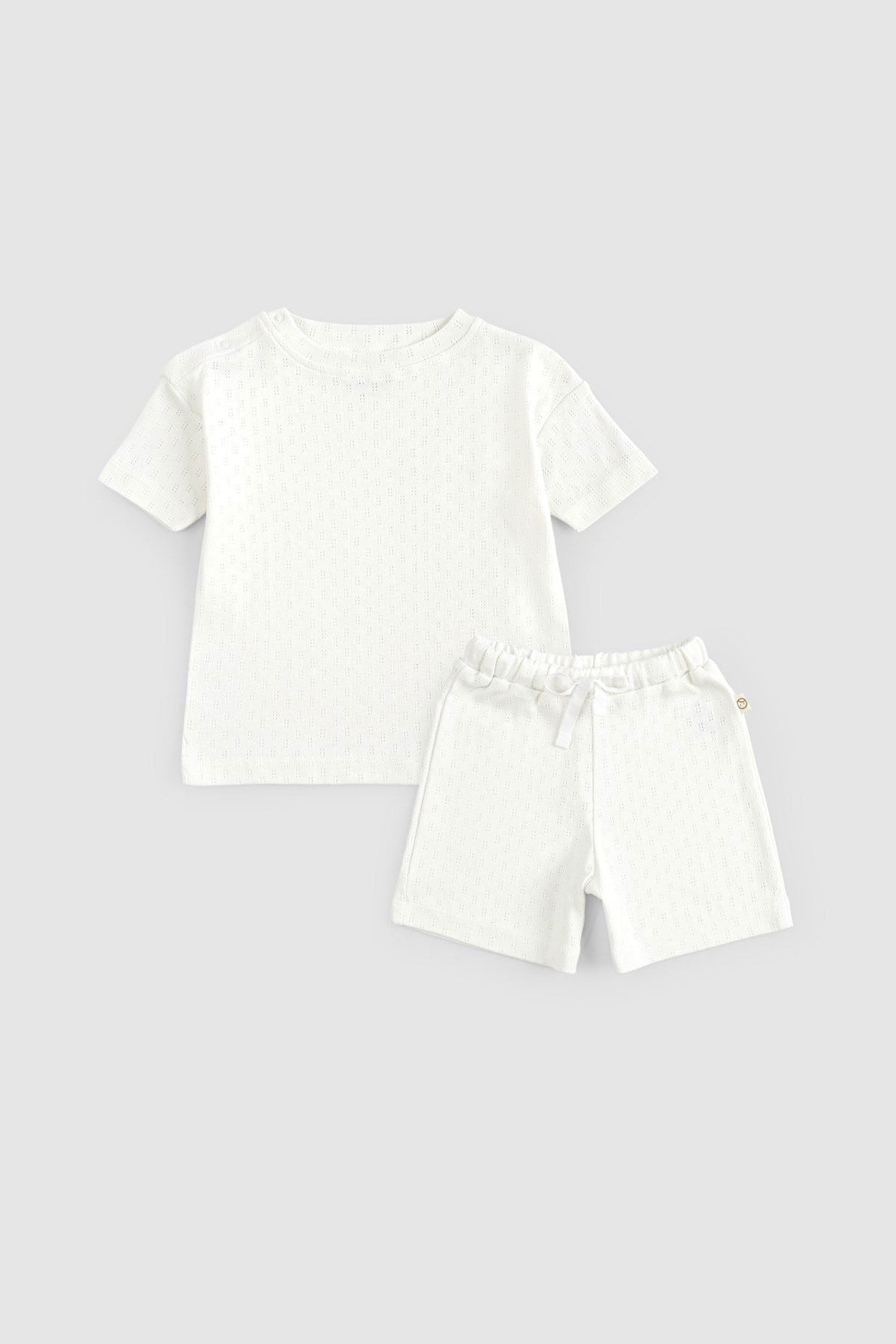 Organik Pamuk Pointel Bebek Ekru Şort Takımı - Riki Baby&Kids