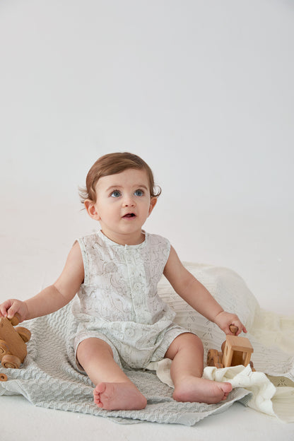 Patique Hayvan Desenli Cepli Şapkalı Organik Pamuk Unisex Beyaz Tulum