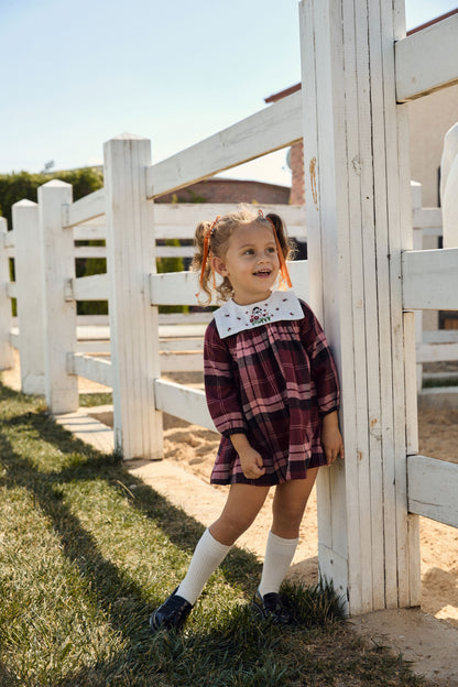 Kız Bebek Ekose Desenli Bordo Pamuk Elbise - Riki Baby&Kids