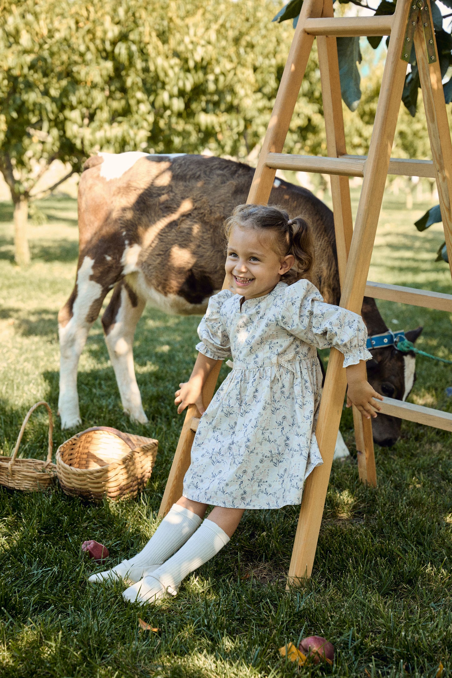 Kız Bebek Kurdeleli Çiçek Desenli Krem Pamuk Elbise - Riki Baby&Kids