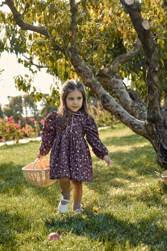 Kız Bebek Çiçek Desenli Kadife Biyeli Bordo Pamuk Elbise - Riki Baby&Kids