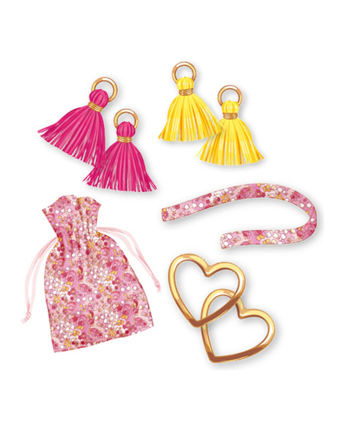 Set parçaları: çiçek desenli kurdeleler, pembe ve sarı püsküller, kalp charm'lar ve kese