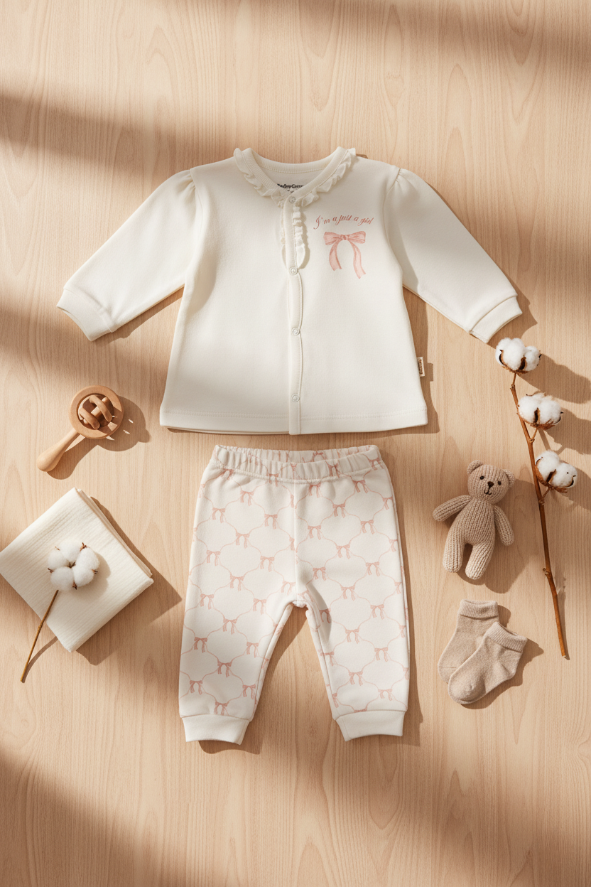 Organik Pamuk Fiyonklu Yazılı İki Parça Takım – Bow Koleksiyonu