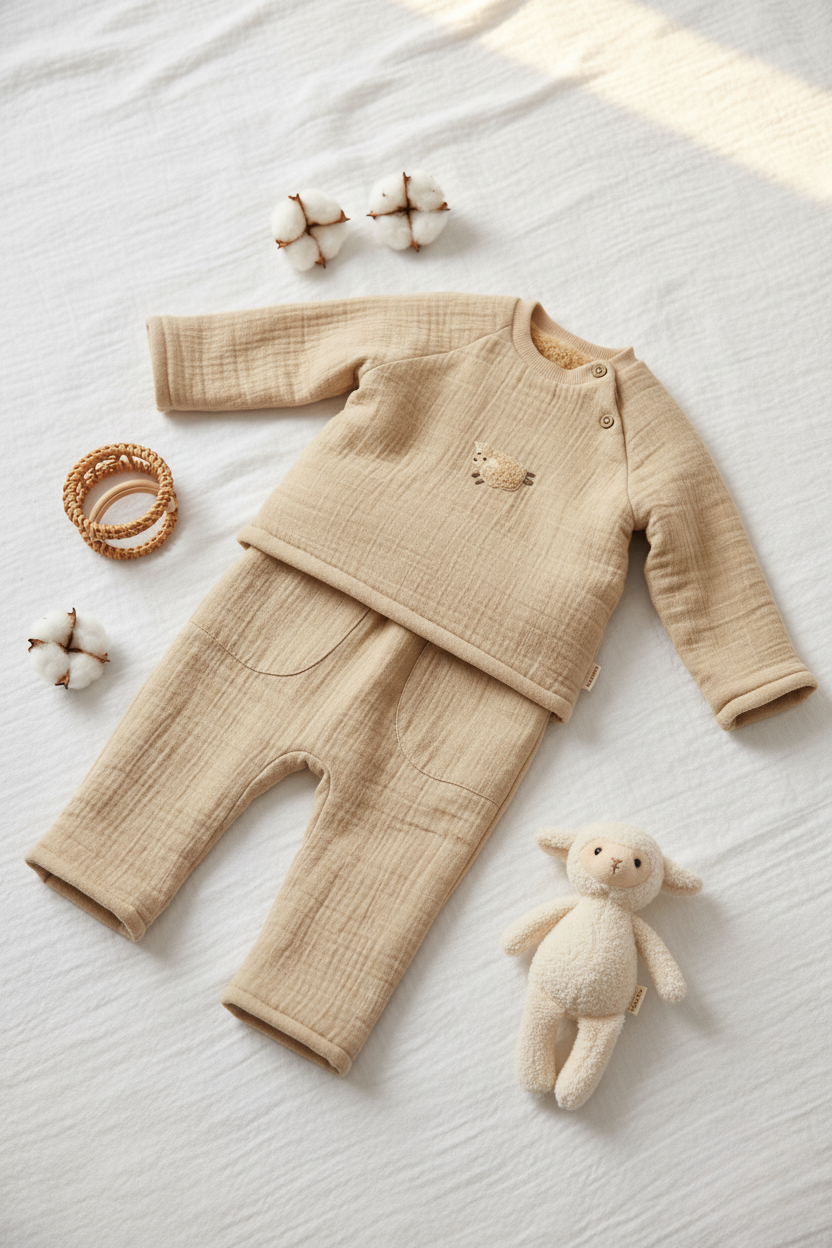 Müslin & Wellsoft İçi Kürklü İki Parça Kuzu Nakışlı Takım