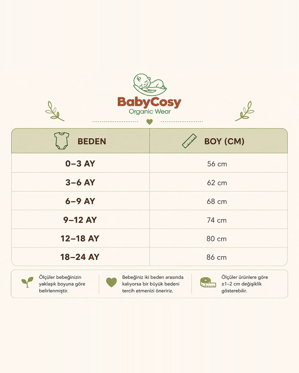 BabyCosy bebek beden tablosu, 0-3 aydan 18-24 aya bebek boyu (cm)