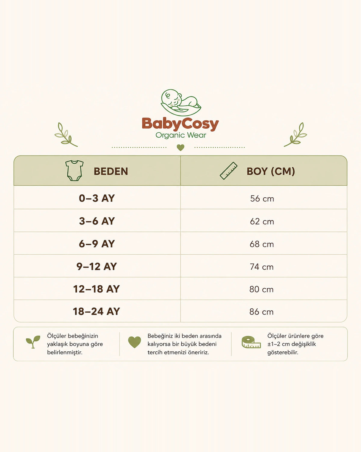 BabyCosy bebek beden tablosu, 0-3 aydan 18-24 aya bebek boyu (cm)