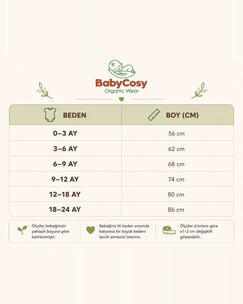 BabyCosy bebek beden tablosu, 0-3 aydan 18-24 aya bebek boyu (cm)