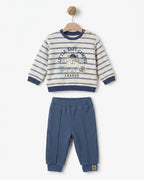 BabyCosy organik pamuk bebek eşofman takımı; Little Baby Campus baskılı ekru-indigo çizgili sweatshirt ve indigo pantolon