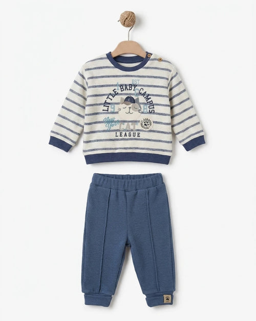 BabyCosy organik pamuk bebek eşofman takımı; Little Baby Campus baskılı ekru-indigo çizgili sweatshirt ve indigo pantolon